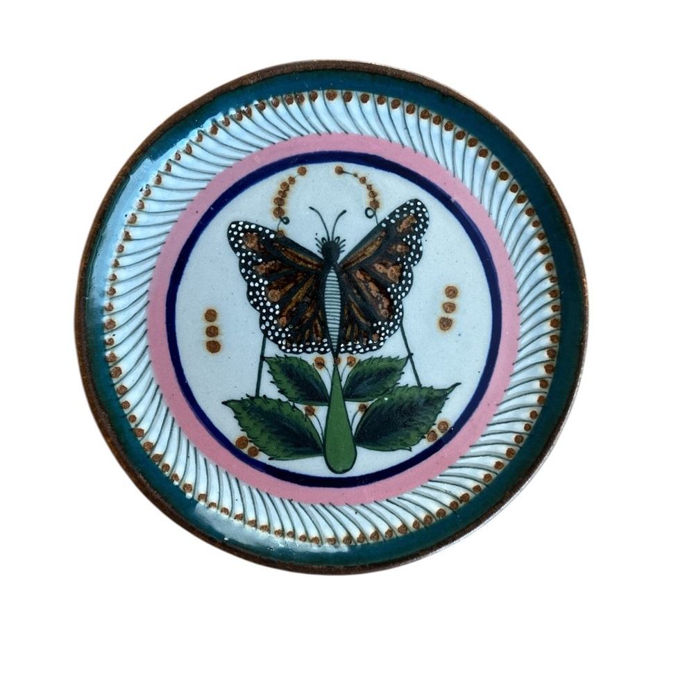 Tonala Mexican signed Butterfly Design Decorative vintage hanging plate
